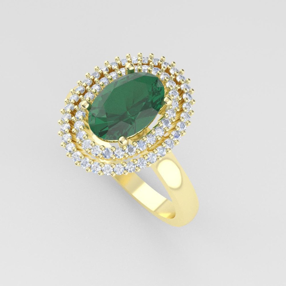 Anillo de Oro Amarillo con Piedra Verde y Halo de Diamantes