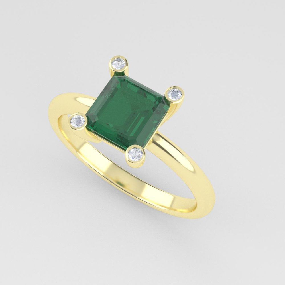 Anillo de Oro Amarillo con Piedra Verde Cuadrada y Diamantes